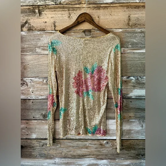 FREE PEOPLE Gold Sequin Floral Top Size Large Long Sleeve Sheer Stretch - Picture 6 of 6